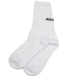 White socks with black text on a white background