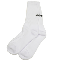 White socks with black text on a white background