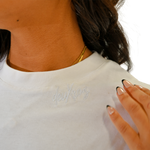 deuXros cloud oversized tee tonal embroidered script neckline detail close-up, 250 gsm heavyweight cotton