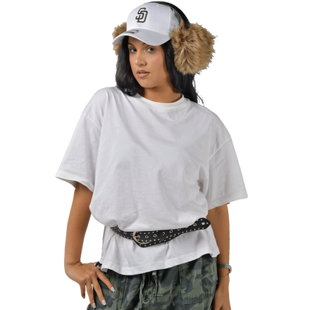 deuXros cloud oversized tee women's lifestyle shot, boxy drop-shoulder silhouette, relaxed drape, San Diego social club