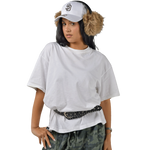 deuXros cloud oversized tee women's lifestyle shot, boxy drop-shoulder silhouette, relaxed drape, San Diego social club