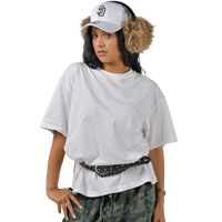 deuXros cloud oversized tee women's lifestyle shot, boxy drop-shoulder silhouette, relaxed drape, San Diego social club