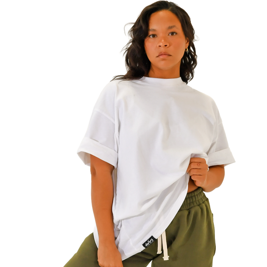 deuXros cloud oversized tee women's lifestyle shot, boxy drop-shoulder silhouette, tonal embroidered script at neckline