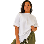 deuXros cloud oversized tee women's lifestyle shot, boxy drop-shoulder silhouette, tonal embroidered script at neckline