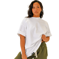 deuXros cloud oversized tee women's lifestyle shot, boxy drop-shoulder silhouette, tonal embroidered script at neckline