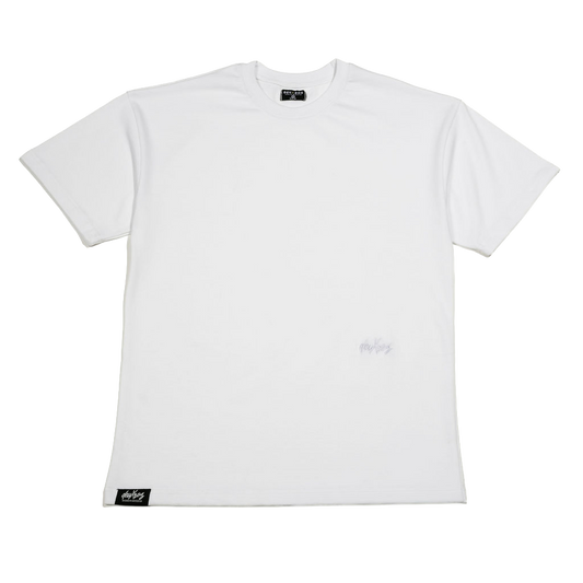 deuXros cloud structured tee ghost front view, 300 gsm ring spun cotton, tonal embroidered script at mid body