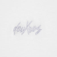deuXros cloud structured tee tonal embroidered script mid body detail close-up, 300 gsm ring spun cotton