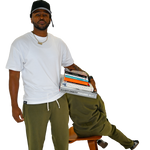 deuXros cloud structured tee men's lifestyle shot styled with field moss sweatpants, relaxed fit, San Diego