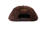 deuXros brown corduroy hat ghost back view, golden thread script at back, adjustable strap closure with woven label
