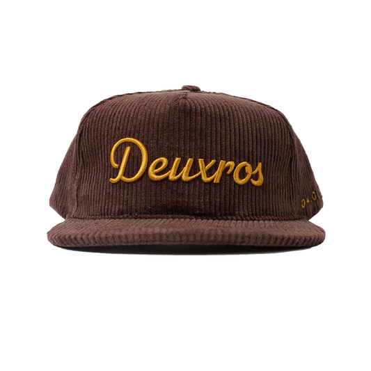 deuXros brown corduroy hat ghost front view, golden thread embroidered script, mid-profile soft crown
