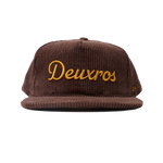 deuXros brown corduroy hat ghost front view, golden thread embroidered script, mid-profile soft crown