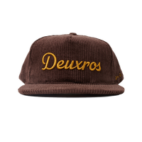 deuXros brown corduroy hat ghost front view, golden thread embroidered script, mid-profile soft crown