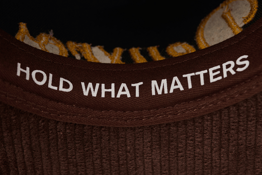 deuXros brown corduroy hat hold what matters headband interior detail, soft crown cap