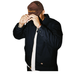 deuXros brown corduroy hat men’s lifestyle shot, mid-profile soft crown, golden thread embroidery