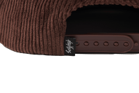 deuXros brown corduroy hat closure detail, adjustable strap with woven script label, tonal details