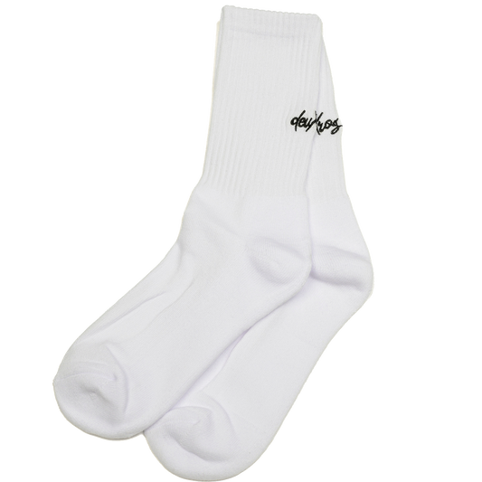 deuXros cloud crew sock ghost image with embroidered script logo, ribbed cotton blend, cushioned sole