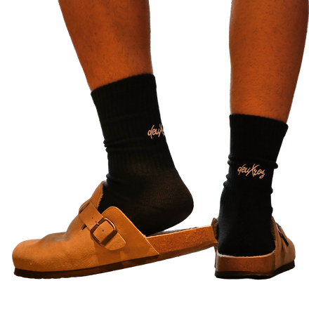 deuXros ink crew sock with embroidered script at the achilles, styled with tan suede sandals