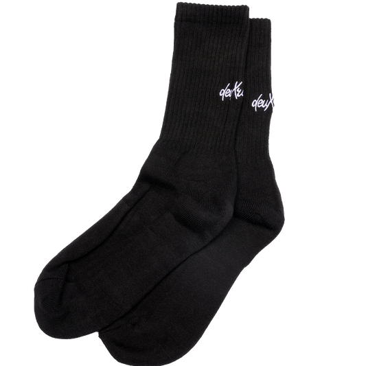 deuXros ink crew sock ghost image with embroidered script logo, ribbed cotton blend, cushioned sole