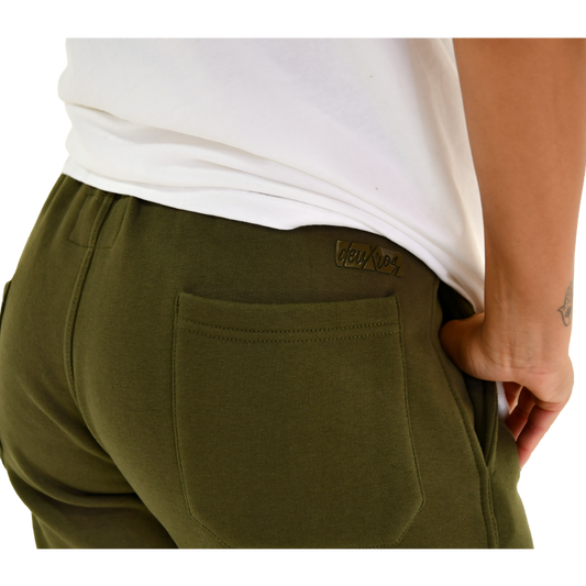 Color: Field Moss sweatpants back pocket detail, tonal matte 3d rubberized box logo, dual back pocket construction