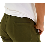 deuXros field moss sweatpants back pocket detail, tonal matte 3d rubberized box logo, dual back pocket construction
