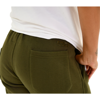 deuXros field moss sweatpants back pocket detail, tonal matte 3d rubberized box logo, dual back pocket construction