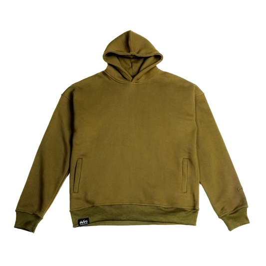 Color: Field Moss  hoodie ghost front view, 420 gsm heavyweight fleece, hidden zip hand pockets, enzyme-washed finish