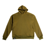 deuXros field moss hoodie ghost front view, 420 gsm heavyweight fleece, hidden zip hand pockets, enzyme-washed finish