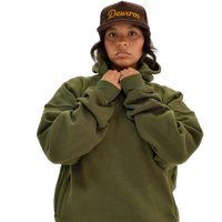 deuXros field moss hoodie women's lifestyle shot, oversized relaxed fit with drop shoulders, styled with deuXros corduroy hat