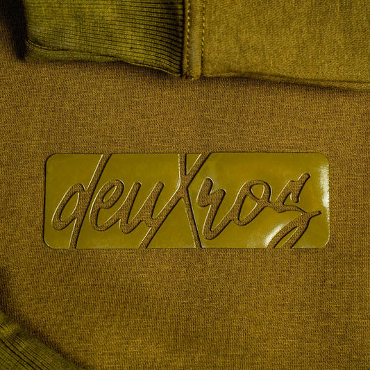 deuXros field moss hoodie tonal matte 3d rubberized box logo close-up detail, 420 gsm heavyweight fleece