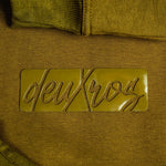 deuXros field moss hoodie tonal matte 3d rubberized box logo close-up detail, 420 gsm heavyweight fleece