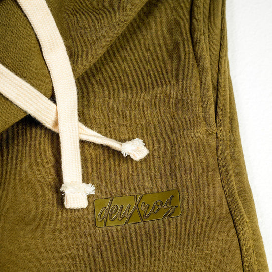Color: Field Moss sweatpants logo detail, tonal matte 3d rubberized deuXros box logo, heavyweight fleece