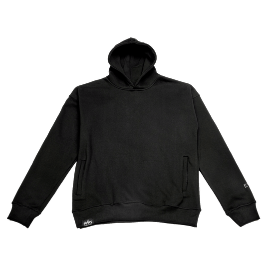 Color: Ink hoodie ghost front view, 420 gsm heavyweight fleece, hidden zip hand pockets, overlapped neckline
