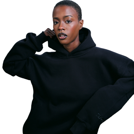 Color: Ink  hoodie women's lifestyle shot, 420 gsm heavyweight fleece, oversized relaxed fit, Atlanta

