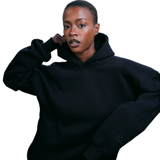 Color: Ink  hoodie women's lifestyle shot, 420 gsm heavyweight fleece, oversized relaxed fit, Atlanta
