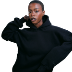 deuXros ink hoodie women's lifestyle shot, 420 gsm heavyweight fleece, oversized relaxed fit, Atlanta
