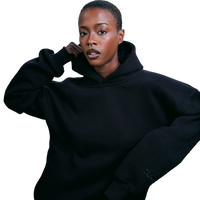 deuXros ink hoodie women's lifestyle shot, 420 gsm heavyweight fleece, oversized relaxed fit, Atlanta
