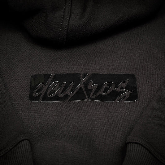 Color: Ink hoodie tonal matte 3d rubberized box logo close-up detail, 420 gsm heavyweight fleece