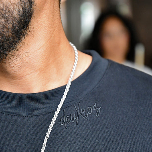 deuXros ink structured tee tonal embroidered script neckline detail close-up, 300 gsm ring spun cotton
