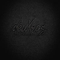 deuXros ink structured tee tonal embroidered script mid body detail close-up, 300 gsm ring spun cotton