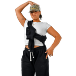 deuXros ink sweatpants women’s lifestyle shot, relaxed tapered fit, elastic waistband, styled with white tee