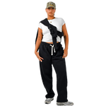 deuXros ink sweatpants full body women’s lifestyle shot, relaxed tapered fit with drawcords