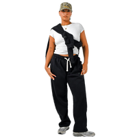 deuXros ink sweatpants full body women’s lifestyle shot, relaxed tapered fit with drawcords