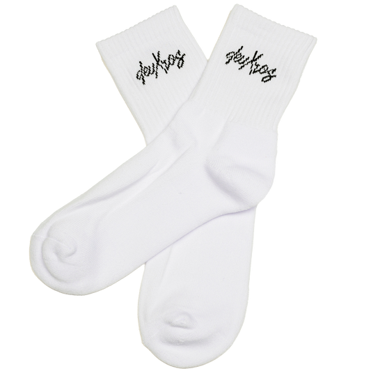 deuXros cloud mid crew sock ghost image with jacquard woven logo, ribbed cotton blend