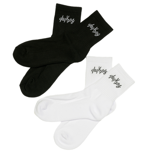deuXros mid crew sock both colorways, ink and cloud, jacquard woven logo, ribbed cotton blend