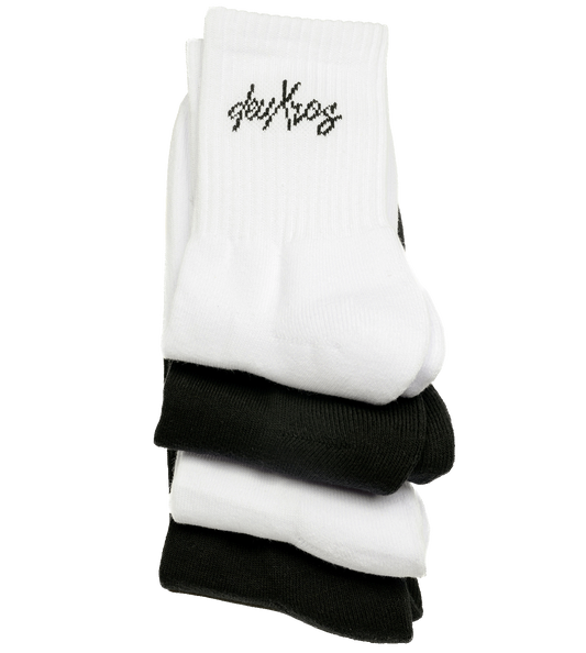 deuXros mid crew sock stack in cloud and ink colorways, jacquard woven logo, ribbed cotton blend