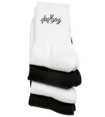 deuXros mid crew sock stack in cloud and ink colorways, jacquard woven logo, ribbed cotton blend