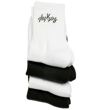 deuXros mid crew sock stack in cloud and ink colorways, jacquard woven logo, ribbed cotton blend