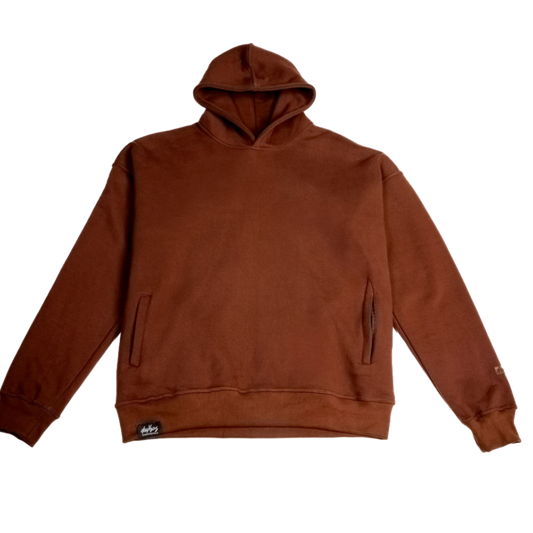 Color: Plumwood hoodie ghost front view, 420 gsm heavyweight fleece, hidden zip hand pockets, enzyme-washed finish