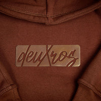 deuXros plumwood hoodie tonal matte 3d rubberized box logo close-up detail, 420 gsm heavyweight fleece