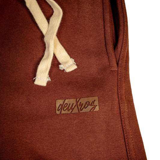 Color: Plumwood sweatpants logo detail, tonal matte 3d rubberized deuXros box logo, heavyweight fleece